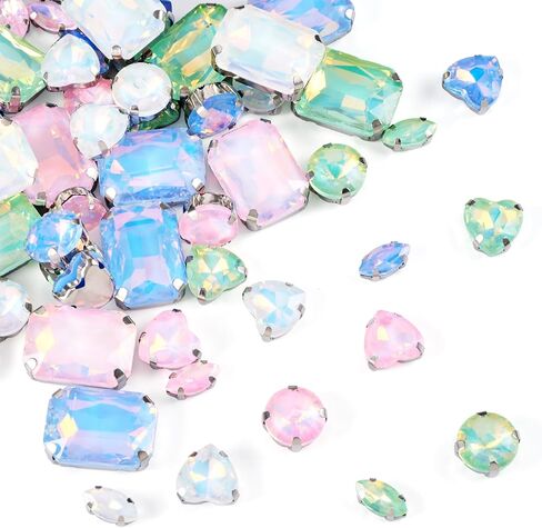 80Pcs Pastel Sew on Rhinestones Heart Round Rectangle Crystal Gems Flatback Rhinestones Diamonds Alloy Prong Settings for Bedazzling Clothes Sewing Jews Shoes in Saudi Arabia