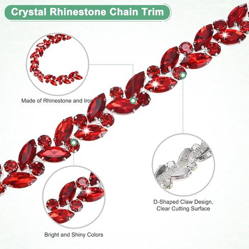 1-Pack Crystal Rhinestone Chain Trim, 1 Yard 14 mm Crystal Bridal Costume Flower Leaf Chain, Horse Eye Flower Chain for Crafts/Clothes/Bling Sewing Embellishments [Red] in Saudi Arabia