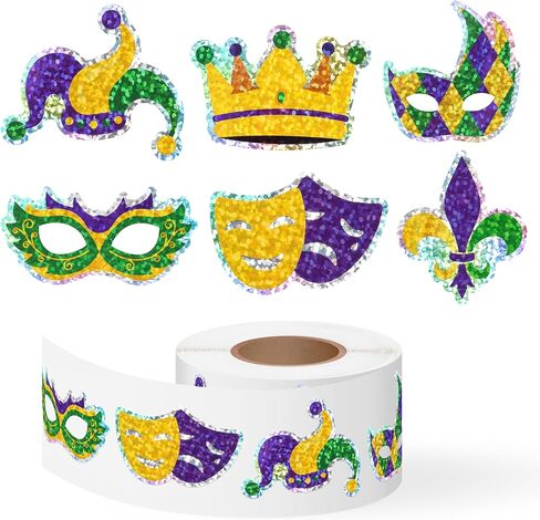 500Pcs Mardi Gras Stickers Roll Holographic Laser Yellow Green Purple Fleur de Lis Waterproof Self-Adhesive Decals for New Orleans Carnival Holiday DIY Crafts Party Favors Gifts Envelope Journal Decor in Saudi Arabia