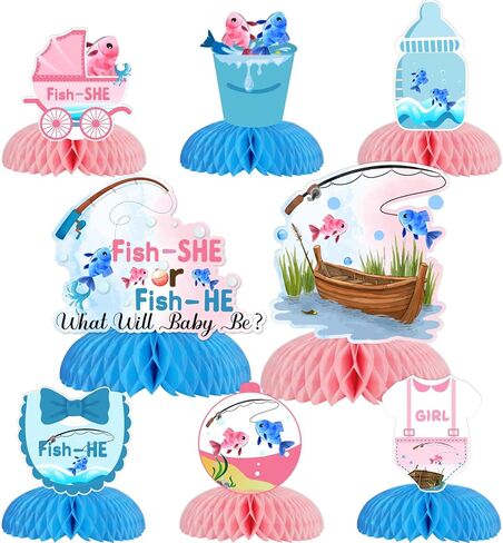 8Pcs Gender Reveal Honeycomb Centerpieces, Fish He or Fish She Gender Reveal Decorations Baby Shower 3D Table Decorations Blue Pink Boy or Girl Gender Reveal Party Decor in Saudi Arabia