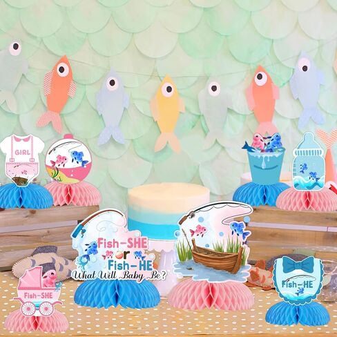 8Pcs Gender Reveal Honeycomb Centerpieces, Fish He or Fish She Gender Reveal Decorations Baby Shower 3D Table Decorations Blue Pink Boy or Girl Gender Reveal Party Decor in Saudi Arabia