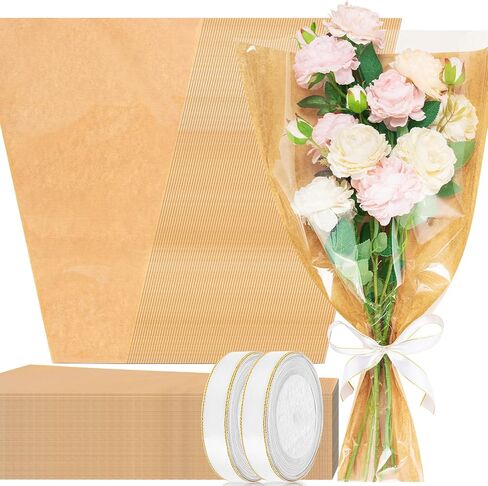 KFPPLXQ 100 Pcs Flower Bouquet Wrapping Paper, Flower Wrapping Kraft Paper with 2 Ribbons Florist Wrap Bags for Valentine's Day Florist Shop Supplies in Saudi Arabia