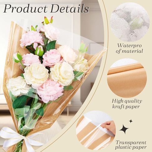 KFPPLXQ 100 Pcs Flower Bouquet Wrapping Paper, Flower Wrapping Kraft Paper with 2 Ribbons Florist Wrap Bags for Valentine's Day Florist Shop Supplies in Saudi Arabia