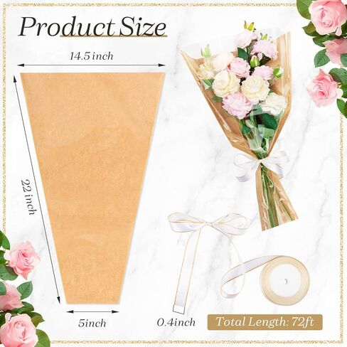 KFPPLXQ 100 Pcs Flower Bouquet Wrapping Paper, Flower Wrapping Kraft Paper with 2 Ribbons Florist Wrap Bags for Valentine's Day Florist Shop Supplies in Saudi Arabia