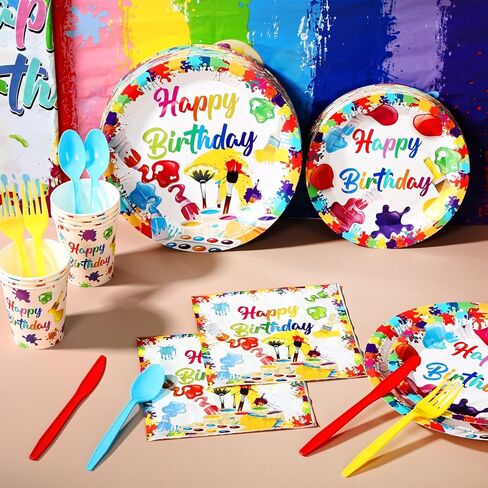 Zhehao 171 Pcs Art Paint Party Decorations Birthday Party Supplies with Plates Cups Napkins Plastic Knife Fork Spoon Banner Plastic Tablecloths for Art Painting Birthday Baby Shower Decor in Saudi Arabia