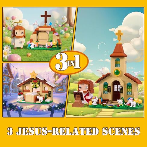 Jesus 3 in 1 Building Block Toy Set Compatible with Lego, Nativity Scene Church Missionary and Resurrection, Religious Cross Jesus Figure Christmas, Christian Catholic Gift for Adults Kids (454PCS) in Saudi Arabia