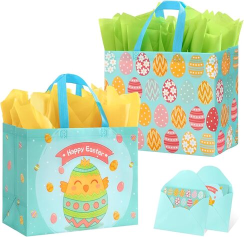 2 حزمة من أكياس هدايا عيد الفصح الكبيرة مقاس 33 سم من ستيبوب مع مناديل ورقية، أكياس عيد الفصح غير المنسوجة قابلة لإعادة الاستخدام مع مقابض لصيد البيض للأطفال/مستلزمات الحفلات، 12.8 سم × 10.2 سم × 6.3 سم in Kuwait