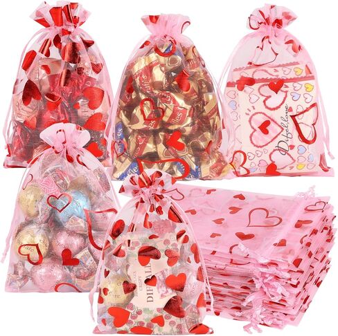 HRX Package 50pcs Organza Bags Heart Pattern, 4x6 inch Small Valentine Gift Bags Mesh Candy Jewelry Pouches in Saudi Arabia