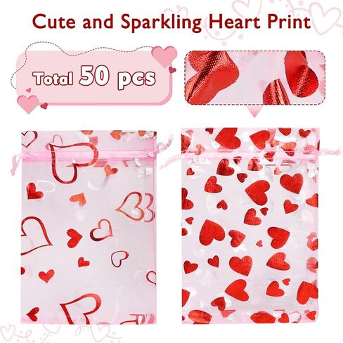 HRX Package 50pcs Organza Bags Heart Pattern, 4x6 inch Small Valentine Gift Bags Mesh Candy Jewelry Pouches in Saudi Arabia