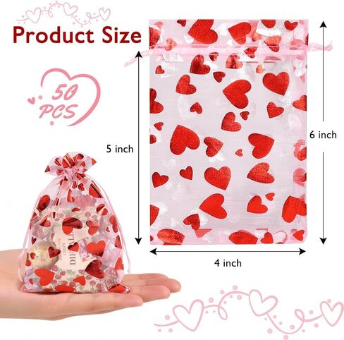 HRX Package 50pcs Organza Bags Heart Pattern, 4x6 inch Small Valentine Gift Bags Mesh Candy Jewelry Pouches in Saudi Arabia