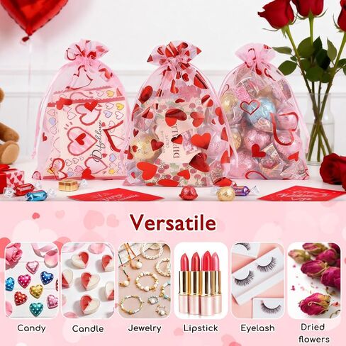 HRX Package 50pcs Organza Bags Heart Pattern, 4x6 inch Small Valentine Gift Bags Mesh Candy Jewelry Pouches in Saudi Arabia