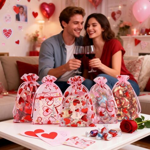 HRX Package 50pcs Organza Bags Heart Pattern, 4x6 inch Small Valentine Gift Bags Mesh Candy Jewelry Pouches in Saudi Arabia