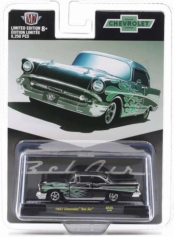 1957 Chevy Bel Air Black Metallic with Green Flames Limited Edition to 8250 Pieces Worldwide 1/64 Diecast Model Car by M2 Machines 31500-HS28 in Saudi Arabia