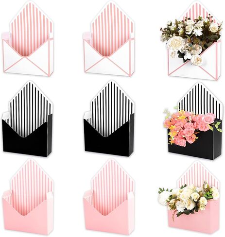 FYSUIMU 6Pcs Floral Envelope Box Empty Flower Stripe Paper Box Florist Bouquet Packaging Box for Valentine's Day Mother's Day Wedding Birthday Party Arrangements, Black White Pink in Saudi Arabia