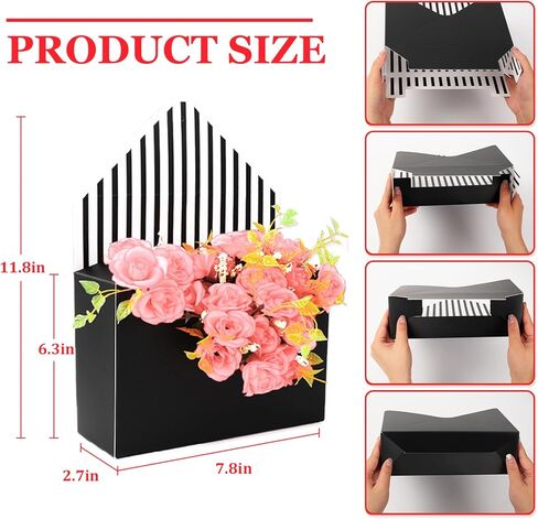 FYSUIMU 6Pcs Floral Envelope Box Empty Flower Stripe Paper Box Florist Bouquet Packaging Box for Valentine's Day Mother's Day Wedding Birthday Party Arrangements, Black White Pink in Saudi Arabia