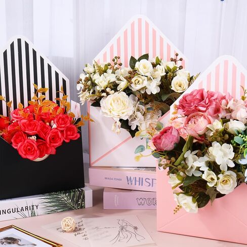FYSUIMU 6Pcs Floral Envelope Box Empty Flower Stripe Paper Box Florist Bouquet Packaging Box for Valentine's Day Mother's Day Wedding Birthday Party Arrangements, Black White Pink in Saudi Arabia