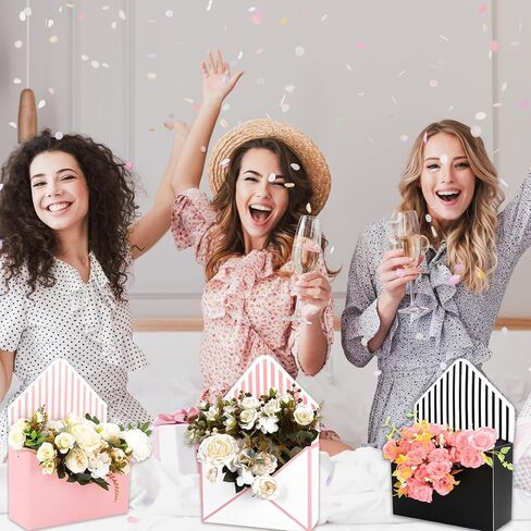 FYSUIMU 6Pcs Floral Envelope Box Empty Flower Stripe Paper Box Florist Bouquet Packaging Box for Valentine's Day Mother's Day Wedding Birthday Party Arrangements, Black White Pink in Saudi Arabia