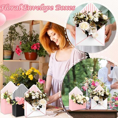 FYSUIMU 6Pcs Floral Envelope Box Empty Flower Stripe Paper Box Florist Bouquet Packaging Box for Valentine's Day Mother's Day Wedding Birthday Party Arrangements, Black White Pink in Saudi Arabia