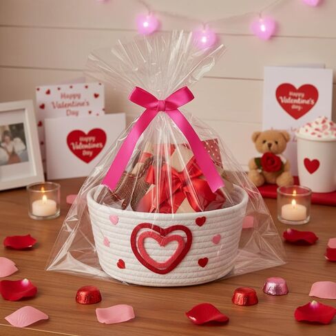Qinyoung Valentine's/Galentine's Day Gifts Baskets, Large Red Pink Heart Woven Cotton Gifts Box with Bags and Ribbon Bow, Happy Valentine's Heart Storage Shelf Basket for Friend Women 10 x 8 x 5 in in Saudi Arabia