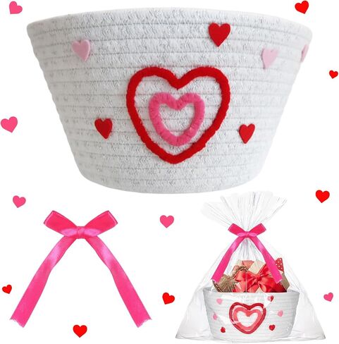 Qinyoung Valentine's/Galentine's Day Gifts Baskets, Large Red Pink Heart Woven Cotton Gifts Box with Bags and Ribbon Bow, Happy Valentine's Heart Storage Shelf Basket for Friend Women 10 x 8 x 5 in in Saudi Arabia