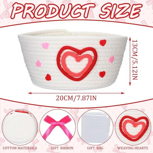 Qinyoung Valentine's/Galentine's Day Gifts Baskets, Large Red Pink Heart Woven Cotton Gifts Box with Bags and Ribbon Bow, Happy Valentine's Heart Storage Shelf Basket for Friend Women 10 x 8 x 5 in in Saudi Arabia
