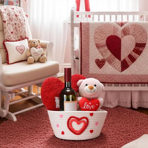 Qinyoung Valentine's/Galentine's Day Gifts Baskets, Large Red Pink Heart Woven Cotton Gifts Box with Bags and Ribbon Bow, Happy Valentine's Heart Storage Shelf Basket for Friend Women 10 x 8 x 5 in in Saudi Arabia