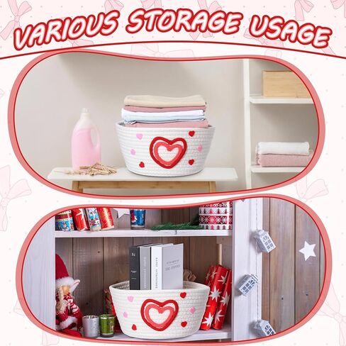 Qinyoung Valentine's/Galentine's Day Gifts Baskets, Large Red Pink Heart Woven Cotton Gifts Box with Bags and Ribbon Bow, Happy Valentine's Heart Storage Shelf Basket for Friend Women 10 x 8 x 5 in in Saudi Arabia