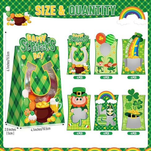 Teenyyou 24 Pcs St. Patrick's Day Treat Boxes Bulk Green Shamrock Cardboard Gift Boxes with Window Irish Clover Rainbow Candy Goody Cookie Bakery Bags for Happy St. Patrick's Party Favors Supplies in Saudi Arabia