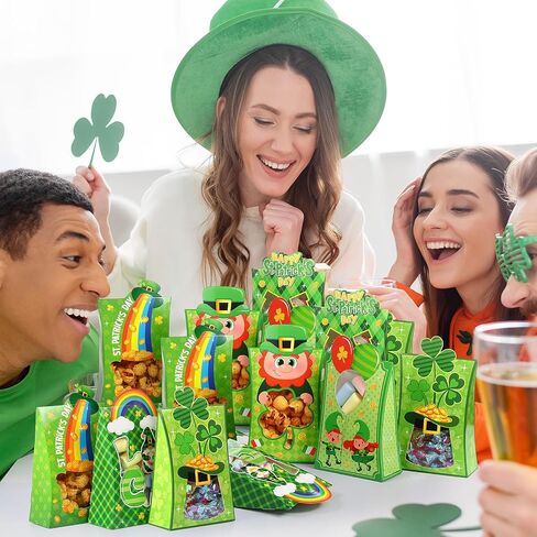 Teenyyou 24 Pcs St. Patrick's Day Treat Boxes Bulk Green Shamrock Cardboard Gift Boxes with Window Irish Clover Rainbow Candy Goody Cookie Bakery Bags for Happy St. Patrick's Party Favors Supplies in Saudi Arabia