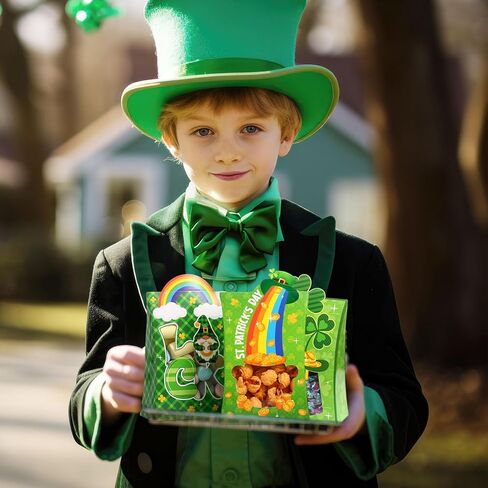 Teenyyou 24 Pcs St. Patrick's Day Treat Boxes Bulk Green Shamrock Cardboard Gift Boxes with Window Irish Clover Rainbow Candy Goody Cookie Bakery Bags for Happy St. Patrick's Party Favors Supplies in Saudi Arabia