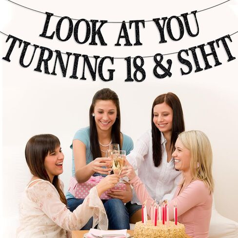 Happy 18th Birthday Banner, Officially 18, Bruh I'm 18, Happy 18th Birthday Party Decorations Hanging Backdrop Gifts Black Glitter in Saudi Arabia