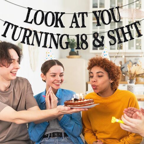 Happy 18th Birthday Banner, Officially 18, Bruh I'm 18, Happy 18th Birthday Party Decorations Hanging Backdrop Gifts Black Glitter in Saudi Arabia