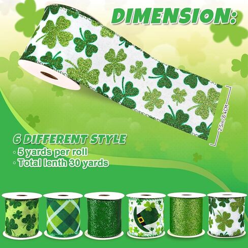Whaline 6 لفات شرائط حافة سلكية لعيد القديس باتريك 30 ياردة شريط حرفي منقوش أخضر لامع شامروك البرسيم شريط تغليف من القماش لإكليل القوس ديكور المنزل للحفلات، 2.5 بوصة in Kuwait