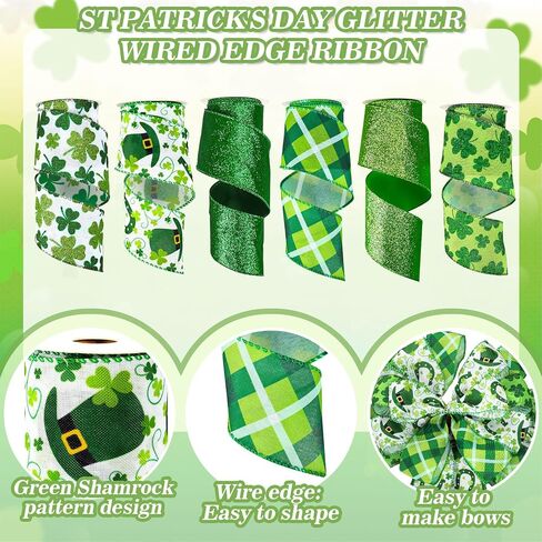Whaline 6 لفات شرائط حافة سلكية لعيد القديس باتريك 30 ياردة شريط حرفي منقوش أخضر لامع شامروك البرسيم شريط تغليف من القماش لإكليل القوس ديكور المنزل للحفلات، 2.5 بوصة in Kuwait