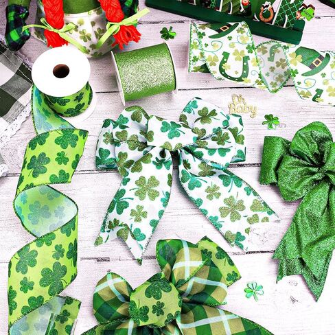 Whaline 6 لفات شرائط حافة سلكية لعيد القديس باتريك 30 ياردة شريط حرفي منقوش أخضر لامع شامروك البرسيم شريط تغليف من القماش لإكليل القوس ديكور المنزل للحفلات، 2.5 بوصة in Kuwait