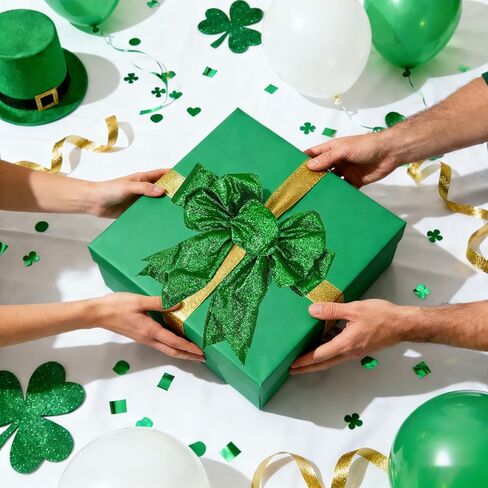 Whaline 6 لفات شرائط حافة سلكية لعيد القديس باتريك 30 ياردة شريط حرفي منقوش أخضر لامع شامروك البرسيم شريط تغليف من القماش لإكليل القوس ديكور المنزل للحفلات، 2.5 بوصة in Kuwait