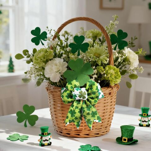 Whaline 6 لفات شرائط حافة سلكية لعيد القديس باتريك 30 ياردة شريط حرفي منقوش أخضر لامع شامروك البرسيم شريط تغليف من القماش لإكليل القوس ديكور المنزل للحفلات، 2.5 بوصة in Kuwait