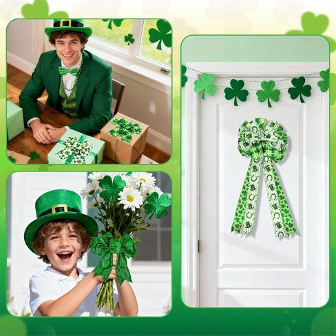Whaline 6 لفات شرائط حافة سلكية لعيد القديس باتريك 30 ياردة شريط حرفي منقوش أخضر لامع شامروك البرسيم شريط تغليف من القماش لإكليل القوس ديكور المنزل للحفلات، 2.5 بوصة in Kuwait