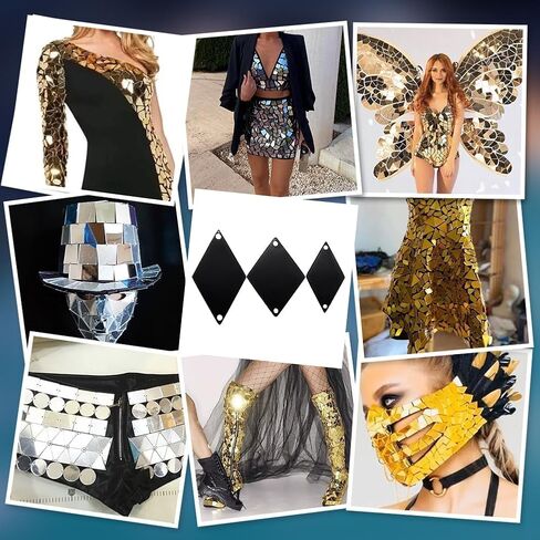 PH PandaHall 300pcs Black Sew on Mirrors, 18/20/24mm Rhombus Mirrors Acrylic Mirror DIY Mirrored Rhinestones 2 Hole Mirror Piece Loose Bead Links for Evening Dress Party Bags Cloth Garment Crafts in Saudi Arabia