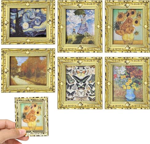 6PCS Mini Framed Art Dollhouse Wall Art Set – 1:12 Scale Miniature Framed Picture Painting, Vintage Golden Antique Gold Frames Oil Photo for Gallery Home Decor Accessory, Tiny Van Gogh Monet Artwork in Saudi Arabia