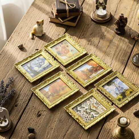 6PCS Mini Framed Art Dollhouse Wall Art Set – 1:12 Scale Miniature Framed Picture Painting, Vintage Golden Antique Gold Frames Oil Photo for Gallery Home Decor Accessory, Tiny Van Gogh Monet Artwork in Saudi Arabia