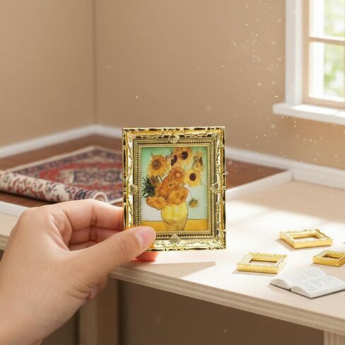 6PCS Mini Framed Art Dollhouse Wall Art Set – 1:12 Scale Miniature Framed Picture Painting, Vintage Golden Antique Gold Frames Oil Photo for Gallery Home Decor Accessory, Tiny Van Gogh Monet Artwork in Saudi Arabia