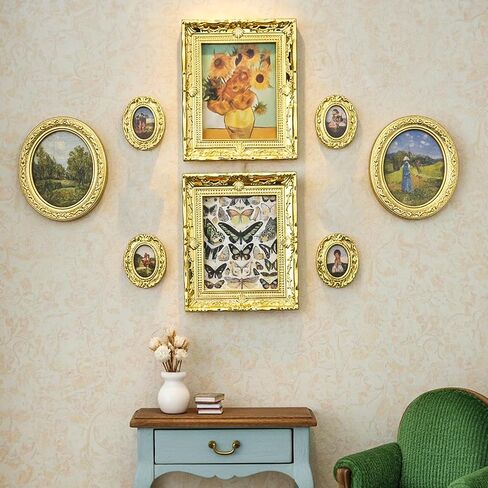 6PCS Mini Framed Art Dollhouse Wall Art Set – 1:12 Scale Miniature Framed Picture Painting, Vintage Golden Antique Gold Frames Oil Photo for Gallery Home Decor Accessory, Tiny Van Gogh Monet Artwork in Saudi Arabia