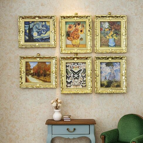 6PCS Mini Framed Art Dollhouse Wall Art Set – 1:12 Scale Miniature Framed Picture Painting, Vintage Golden Antique Gold Frames Oil Photo for Gallery Home Decor Accessory, Tiny Van Gogh Monet Artwork in Saudi Arabia
