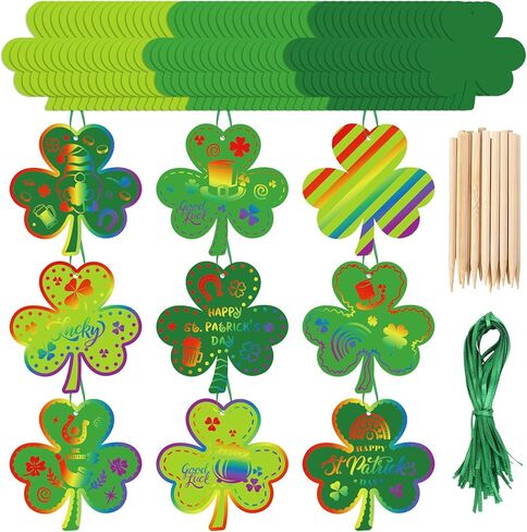 JarThenaAMCS 60Set St. Patrick's Day Shamrock Scratch Art Set Green Clover Scratch Paper with Ribbon Wooden Stylus Stick 3 Colors Scratch Off Paper for DIY Craft Classroom School Irish Party Supplies in Saudi Arabia