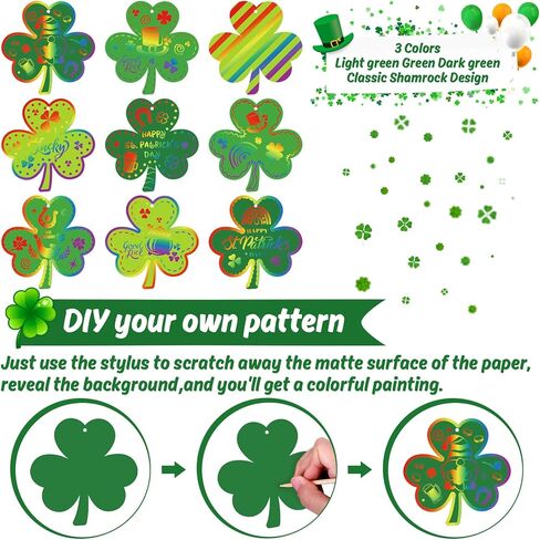 JarThenaAMCS 60Set St. Patrick's Day Shamrock Scratch Art Set Green Clover Scratch Paper with Ribbon Wooden Stylus Stick 3 Colors Scratch Off Paper for DIY Craft Classroom School Irish Party Supplies in Saudi Arabia
