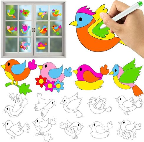Qyeahkj 30 Pcs Spring Bird Suncatchers Decorations DIY Window Paint Art Craft Kit Rainbow Bird Painting Window Cling Stickers for Gifts Activities Ornament Camping Party Art Project in Saudi Arabia