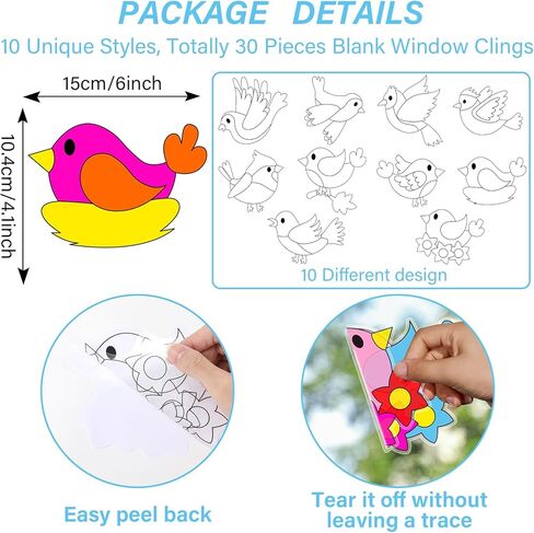 Qyeahkj 30 Pcs Spring Bird Suncatchers Decorations DIY Window Paint Art Craft Kit Rainbow Bird Painting Window Cling Stickers for Gifts Activities Ornament Camping Party Art Project in Saudi Arabia