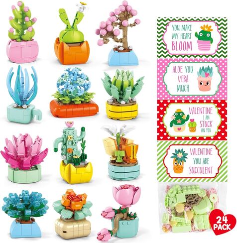24PCS Flowers Succulents Building Blocks Valentines Day Cards for Kids School Party Favors Classroom Prizes Bulk Artificial Botanical Toy Valentines Exchange Gifts Goodie Bags Stuffers for Girl Boy 6+ in Saudi Arabia