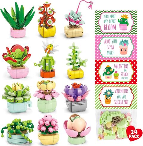 24PCS Flowers Succulents Building Blocks Valentines Day Cards for Kids School Party Favors Classroom Prizes Bulk Artificial Botanical Toy Valentines Exchange Gifts Goodie Bags Stuffers for Girl Boy 6+ in Saudi Arabia
